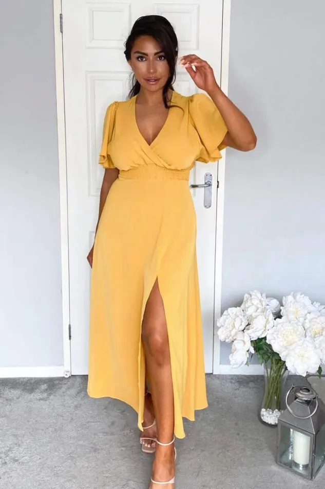 AX Paris Mustard Gathered Waist Midi Dress Women Dresses