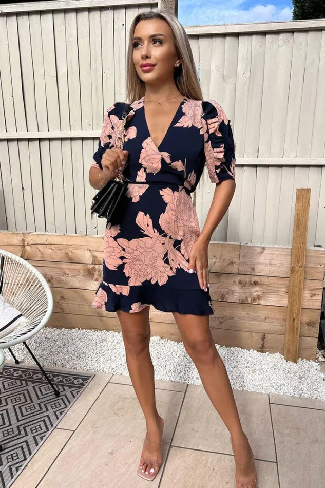 AX Paris Navy And Blush Floral Pleated Sleeve Skater Dress Women Dresses