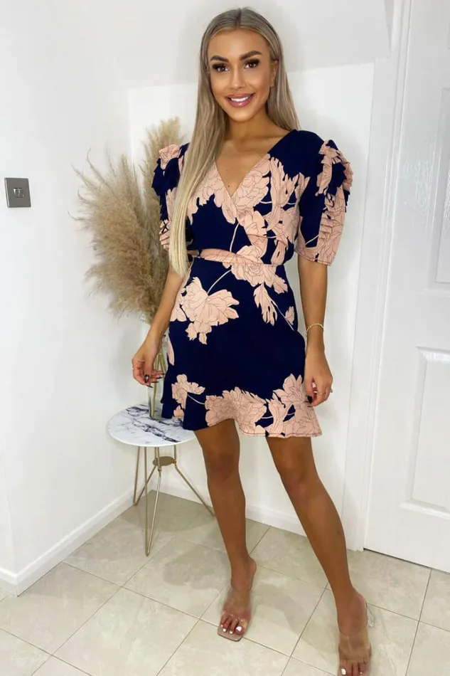 AX Paris Navy And Blush Floral Pleated Sleeve Skater Dress Women Dresses