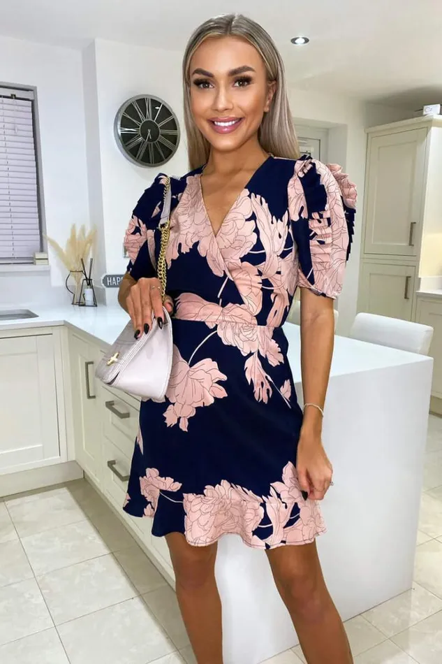 AX Paris Navy And Blush Floral Pleated Sleeve Skater Dress Women Dresses