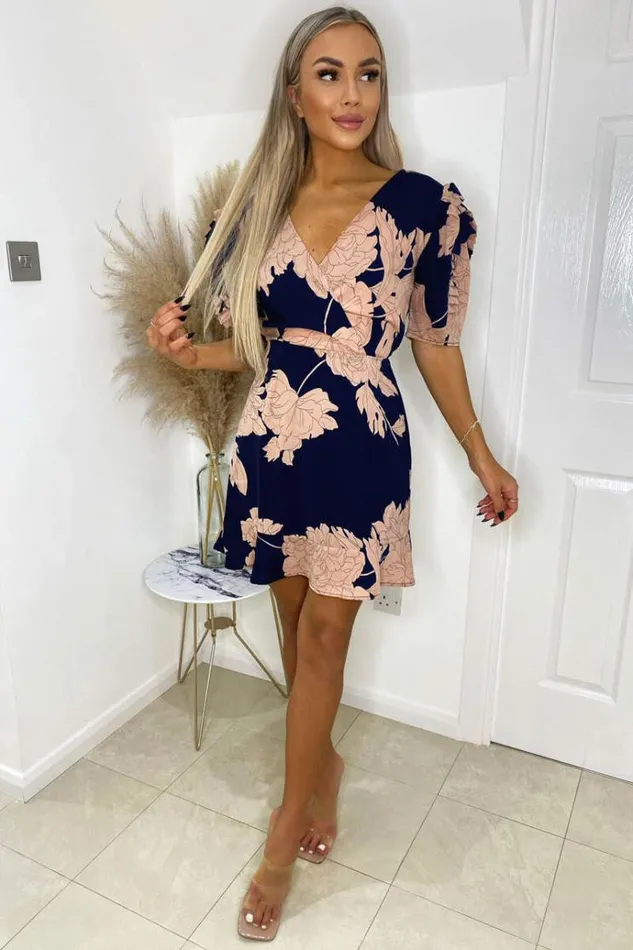 AX Paris Navy And Blush Floral Pleated Sleeve Skater Dress Women Dresses