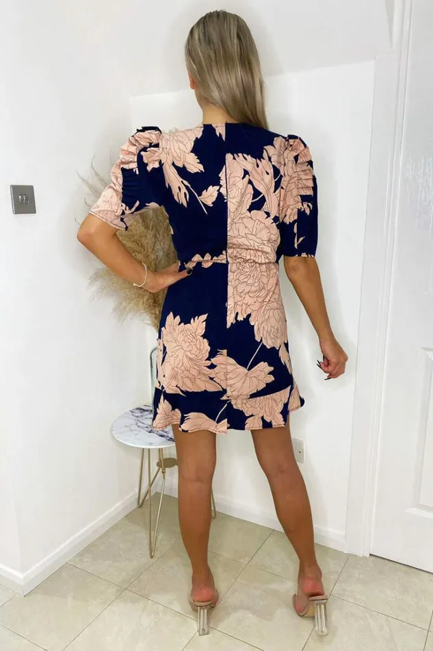 AX Paris Navy And Blush Floral Pleated Sleeve Skater Dress Women Dresses