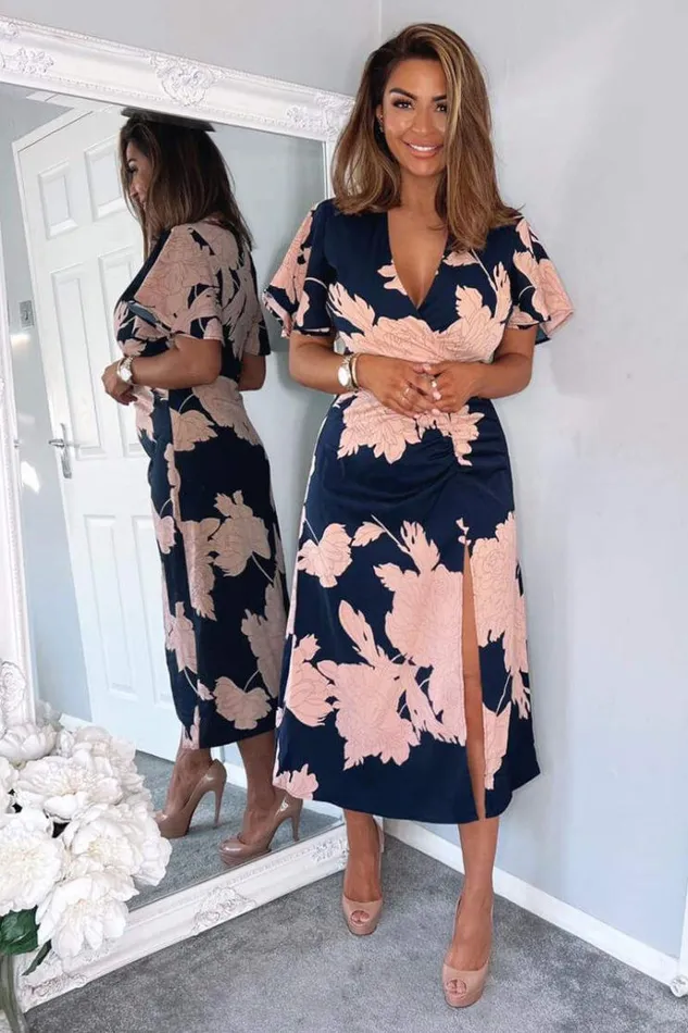 AX Paris Navy And Blush Floral Print Bell Sleeve Midi Dress Women Dresses