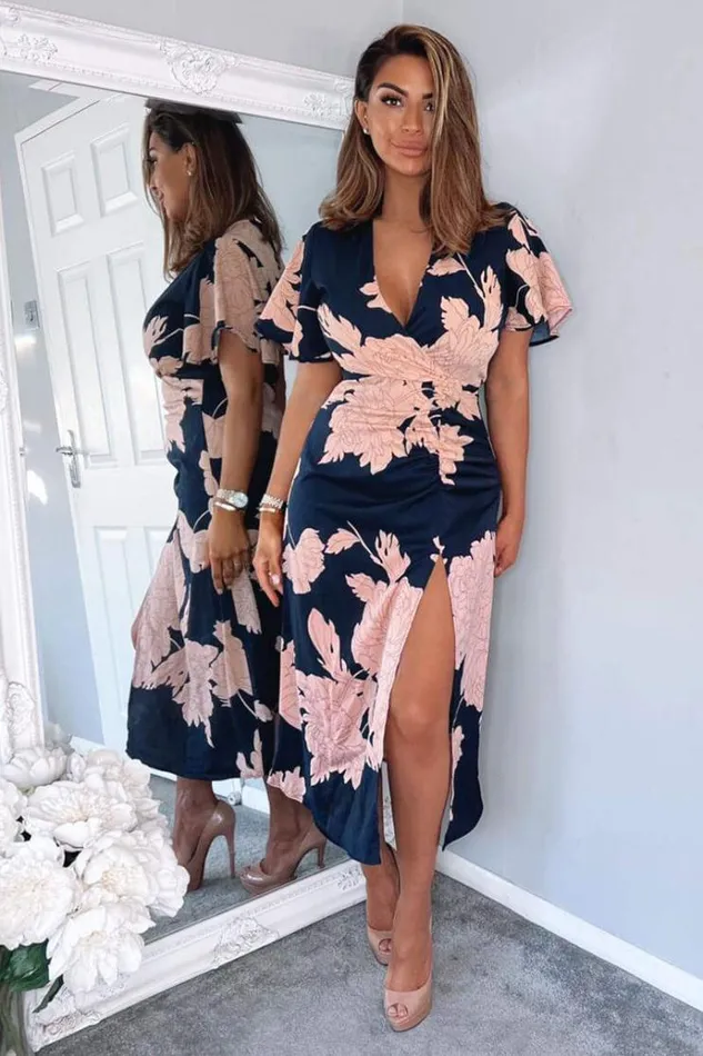 AX Paris Navy And Blush Floral Print Bell Sleeve Midi Dress Women Dresses
