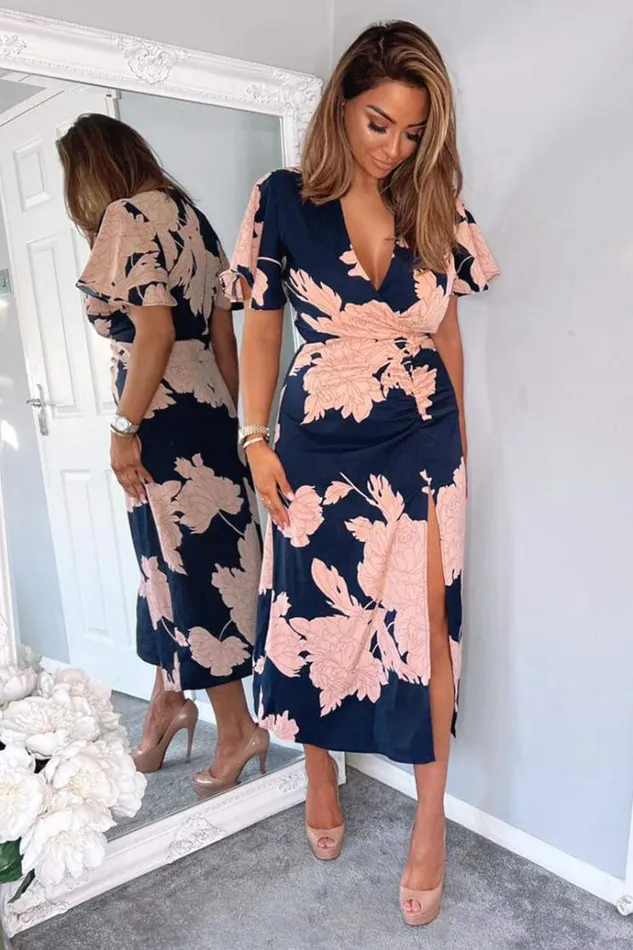 AX Paris Navy And Blush Floral Print Bell Sleeve Midi Dress Women Dresses