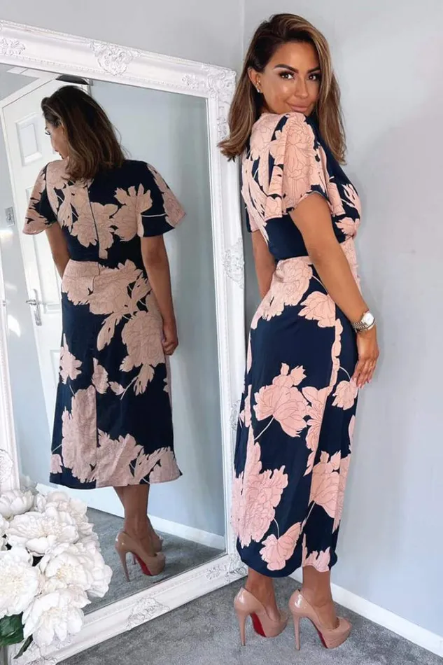 AX Paris Navy And Blush Floral Print Bell Sleeve Midi Dress Women Dresses