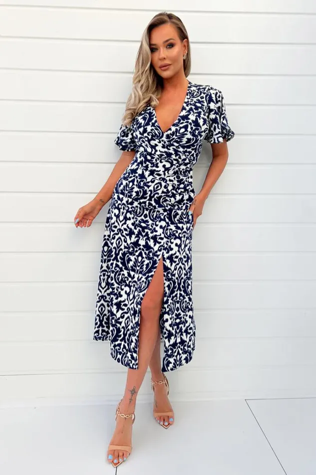 AX Paris Navy And Cream Printed Bell Sleeve Midi Dress Women Dresses