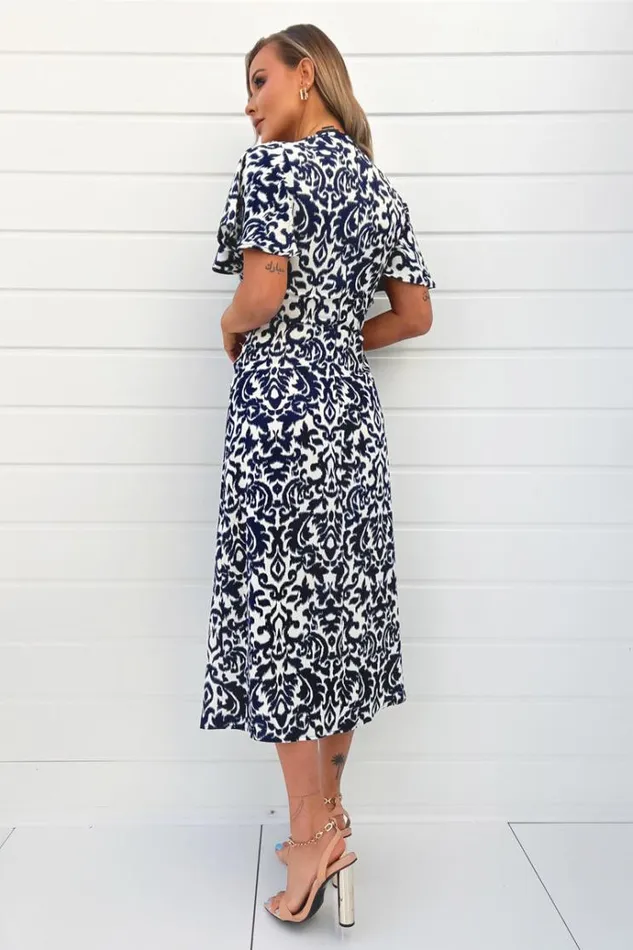 AX Paris Navy And Cream Printed Bell Sleeve Midi Dress Women Dresses