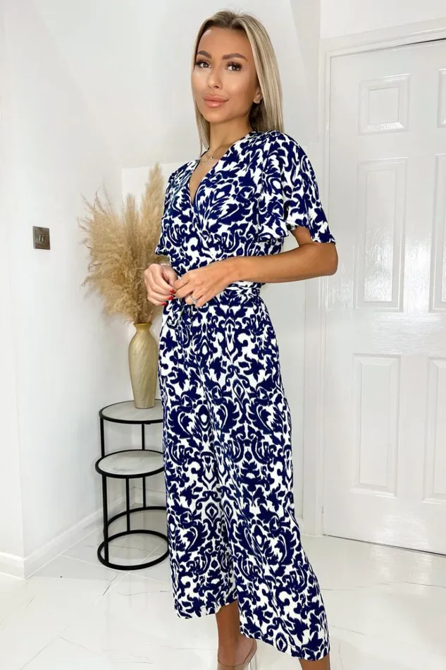 AX Paris Navy And Cream Printed Wrap Top Short Sleeve Belted Jumpsuit Women Jumpsuits And Playsuits