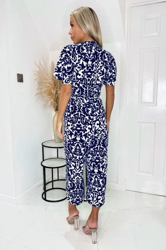 AX Paris Navy And Cream Printed Wrap Top Short Sleeve Belted Jumpsuit Women Jumpsuits And Playsuits