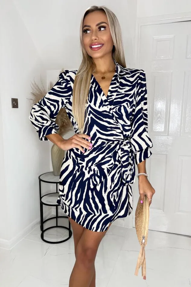 AX Paris Navy And Cream Zebra Printed 34 Sleeve Mini Wrap Dress Women Dresses