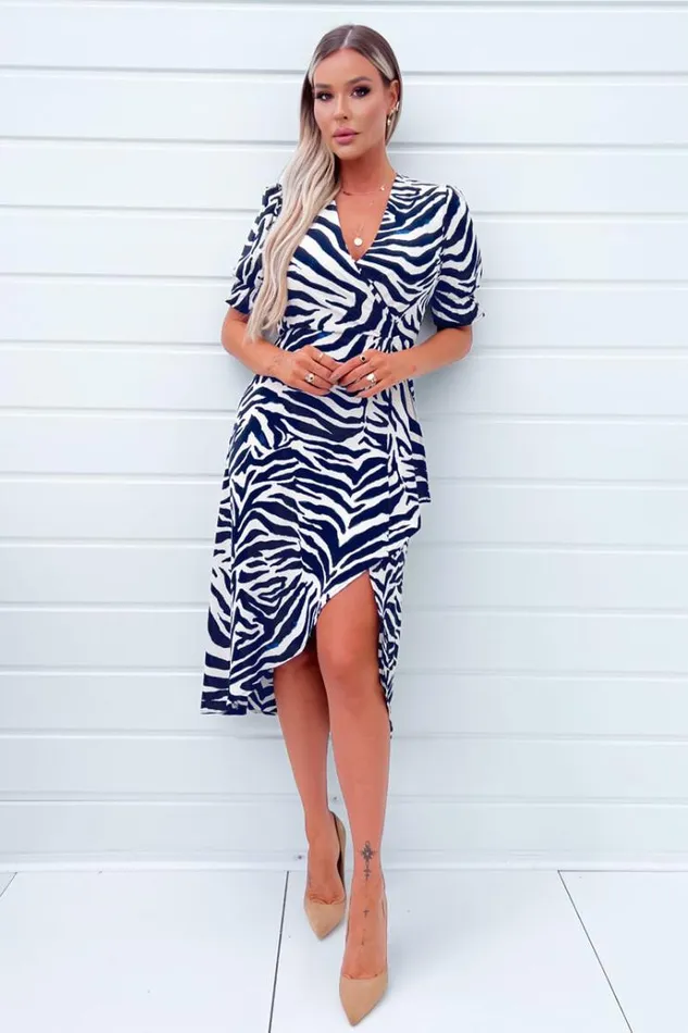 AX Paris Navy And Cream Zebra Printed Wrap Skirt Midi Dress Women Dresses