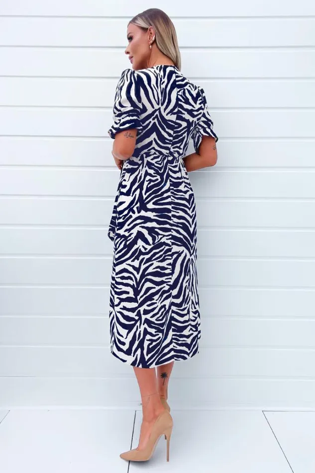 AX Paris Navy And Cream Zebra Printed Wrap Skirt Midi Dress Women Dresses