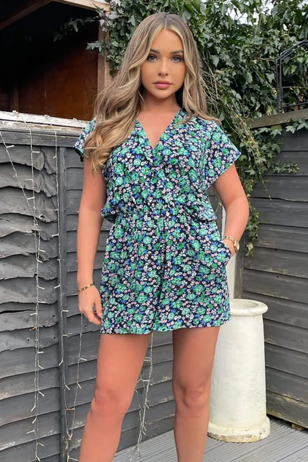 AX Paris Navy And Green Floral Printed Playsuit Women Jumpsuits And Playsuits