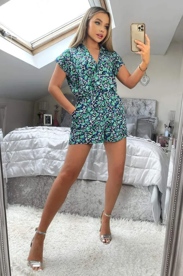AX Paris Navy And Green Floral Printed Playsuit Women Jumpsuits And Playsuits
