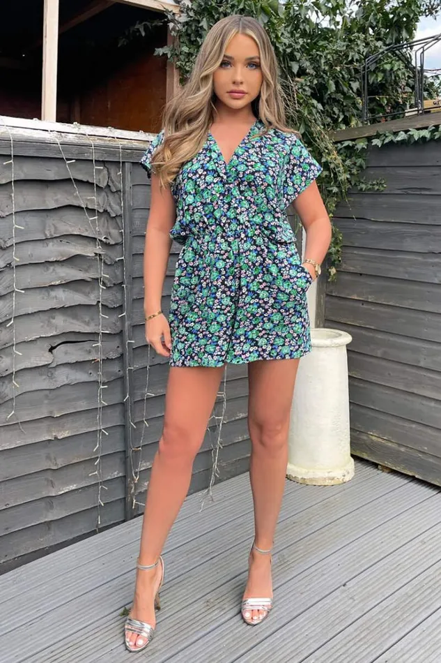 AX Paris Navy And Green Floral Printed Playsuit Women Jumpsuits And Playsuits