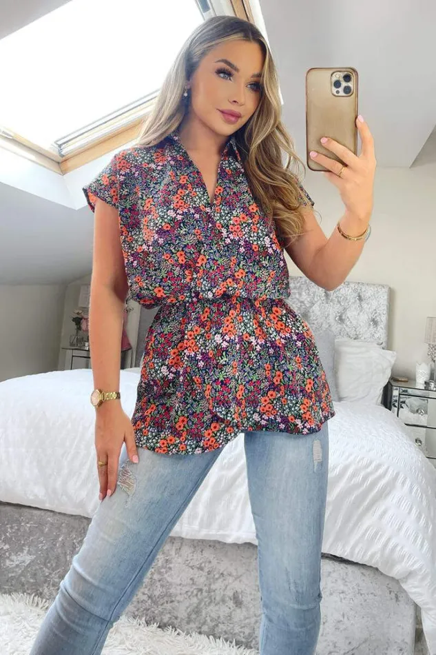 AX Paris Navy And Orange Floral Print Wrap Top Women Tops