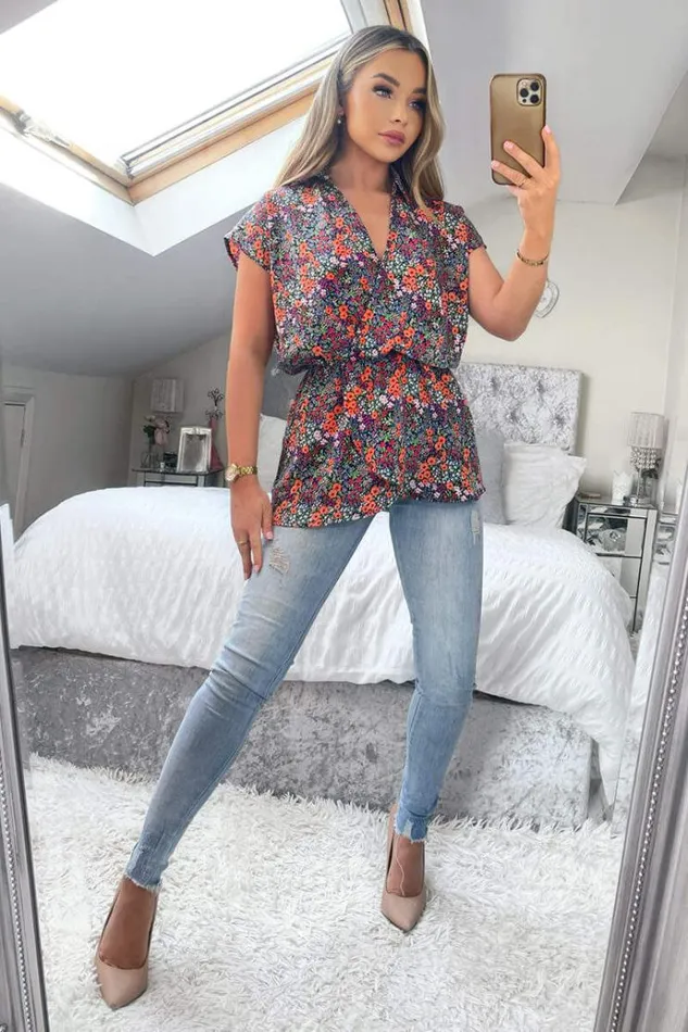 AX Paris Navy And Orange Floral Print Wrap Top Women Tops
