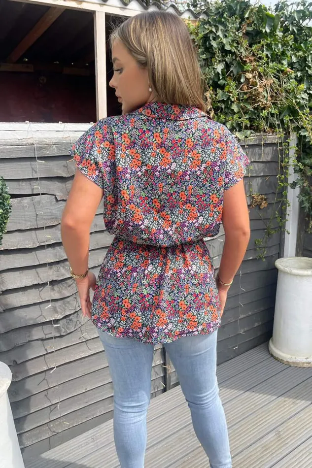 AX Paris Navy And Orange Floral Print Wrap Top Women Tops