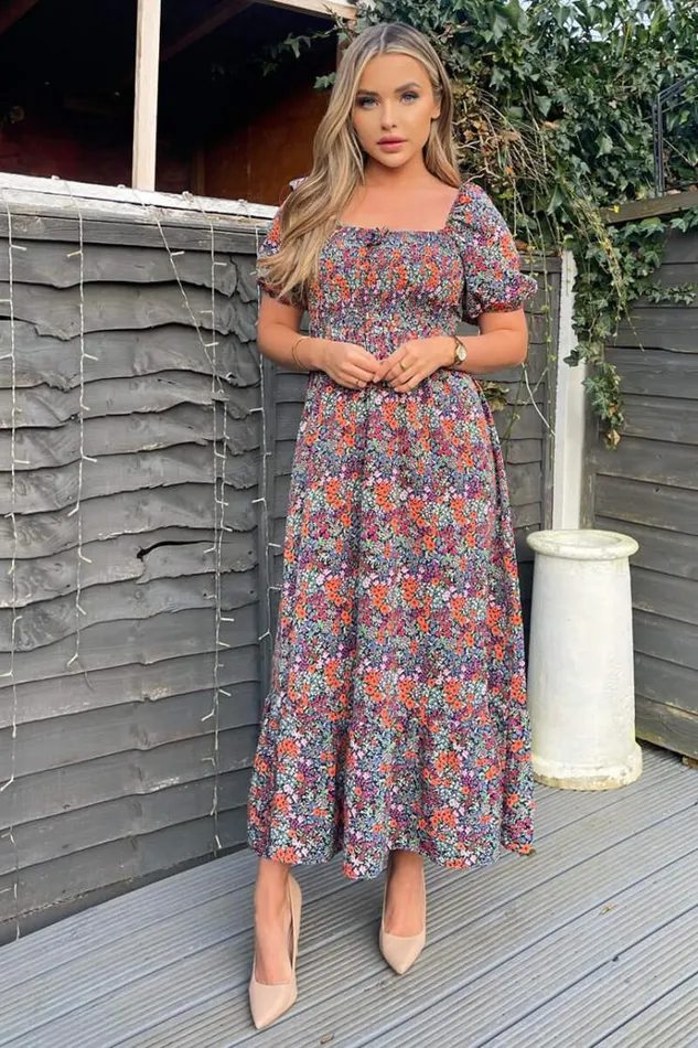 AX Paris Navy And Orange Floral Printed Puff Sleeve Smock Dress Women Dresses