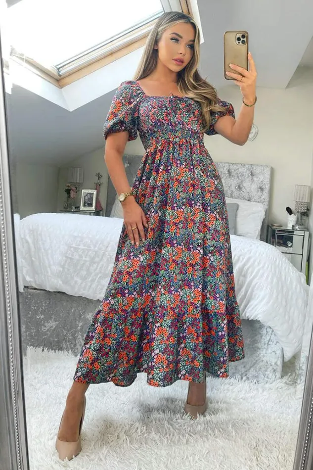 AX Paris Navy And Orange Floral Printed Puff Sleeve Smock Dress Women Dresses