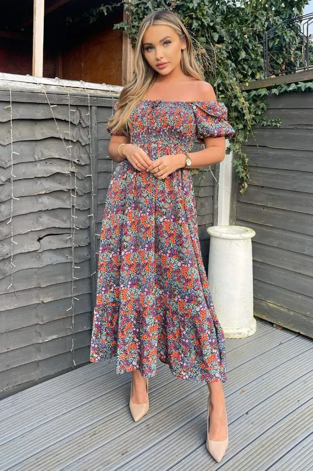 AX Paris Navy And Orange Floral Printed Puff Sleeve Smock Dress Women Dresses