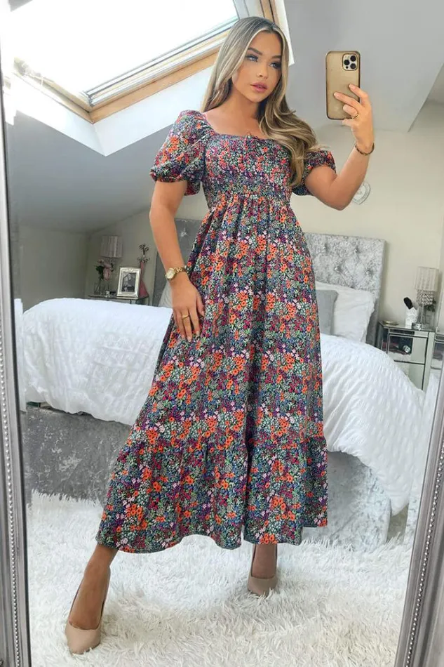 AX Paris Navy And Orange Floral Printed Puff Sleeve Smock Dress Women Dresses
