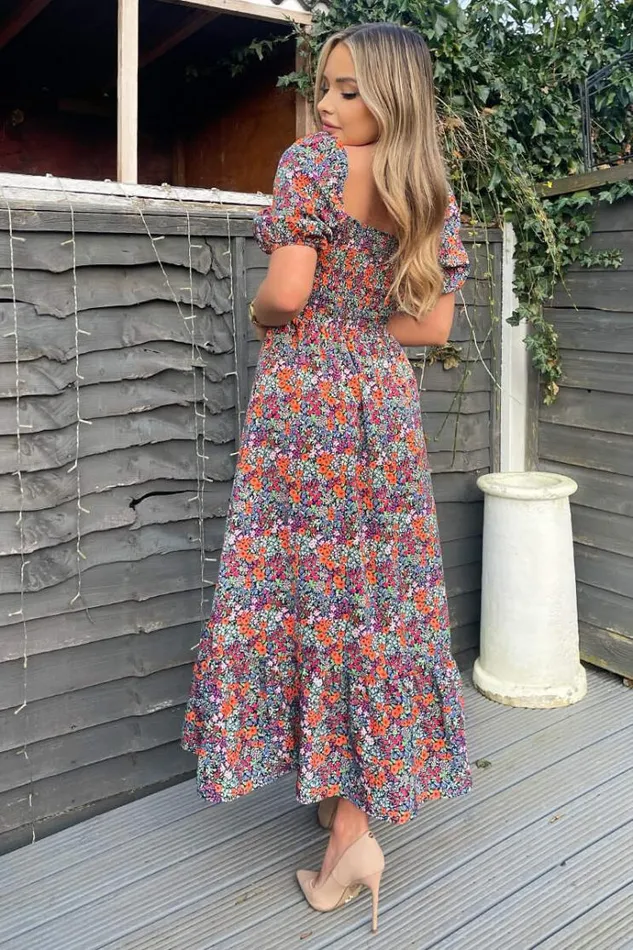 AX Paris Navy And Orange Floral Printed Puff Sleeve Smock Dress Women Dresses