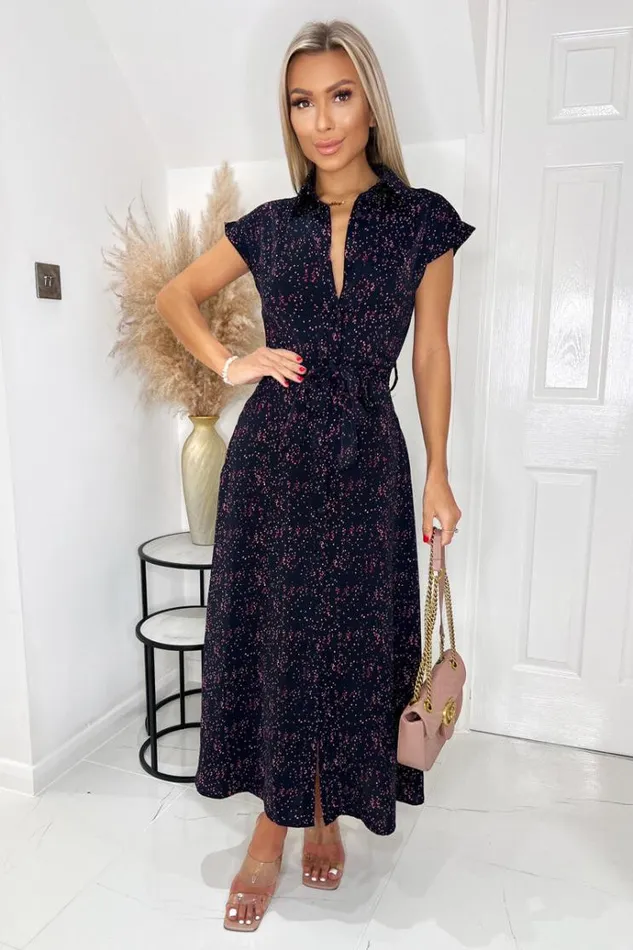 AX Paris Navy And Pink Printed Short Sleeve Midi Shirt Dress Women Dresses
