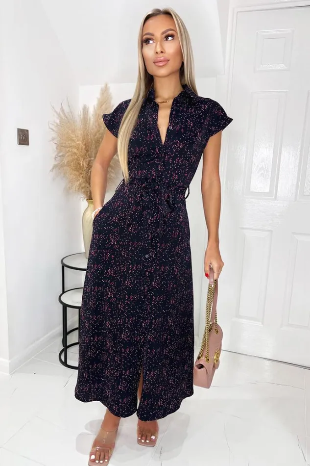AX Paris Navy And Pink Printed Short Sleeve Midi Shirt Dress Women Dresses