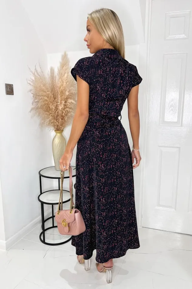 AX Paris Navy And Pink Printed Short Sleeve Midi Shirt Dress Women Dresses