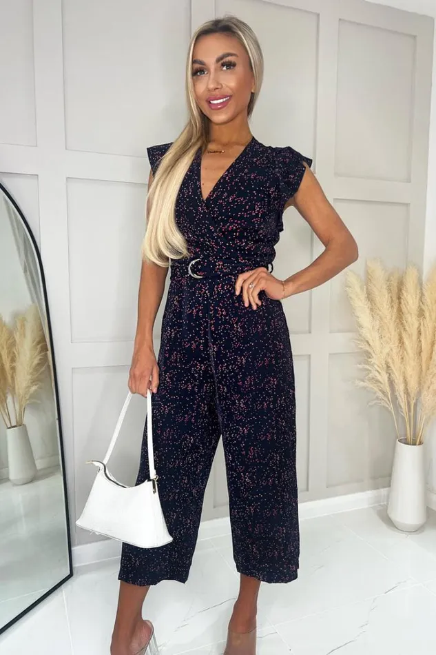 AX Paris Navy And Pink Speckled Print V Neck Belted Jumpsuit Women Jumpsuits And Playsuits