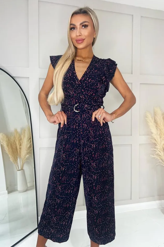 AX Paris Navy And Pink Speckled Print V Neck Belted Jumpsuit Women Jumpsuits And Playsuits