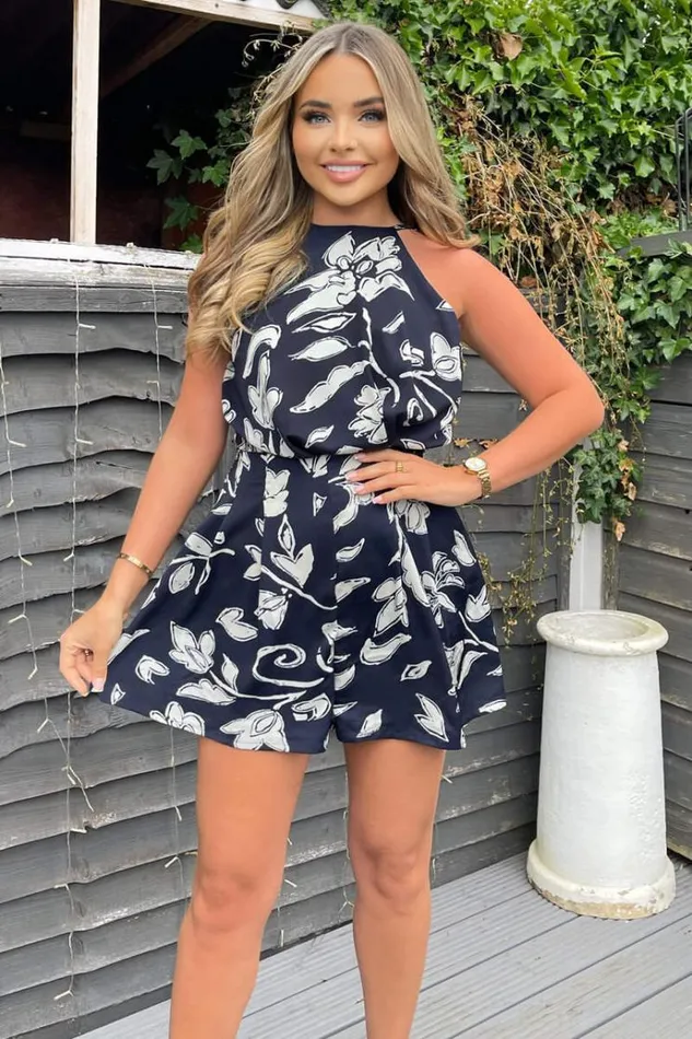AX Paris Navy And White Floral Print Playsuit Women Jumpsuits And Playsuits