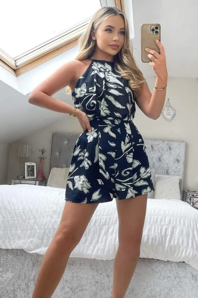 AX Paris Navy And White Floral Print Playsuit Women Jumpsuits And Playsuits