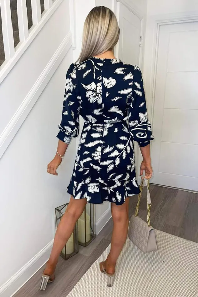 AX Paris Navy And White Floral Printed Frill Hem Dress Women Dresses