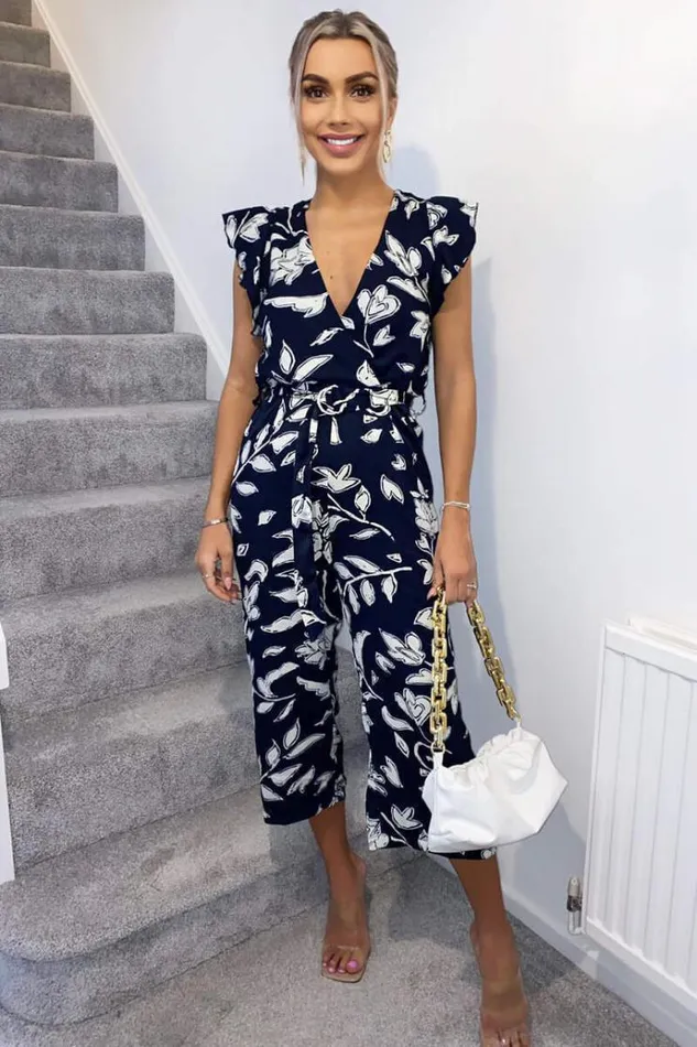 AX Paris Navy And White Floral Wrap Front Belted Jumpsuit Women Jumpsuits And Playsuits