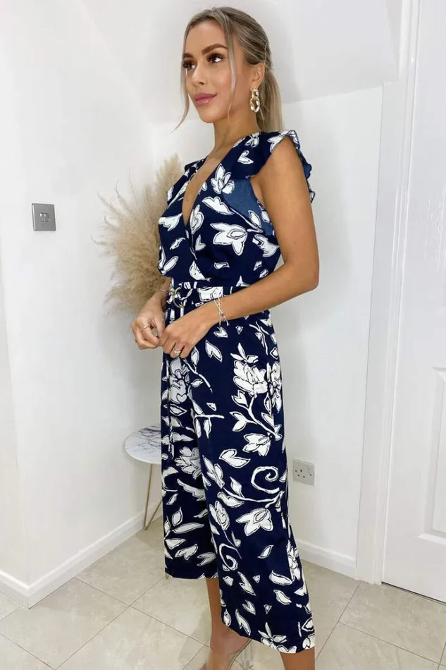 AX Paris Navy And White Floral Wrap Front Belted Jumpsuit Women Jumpsuits And Playsuits