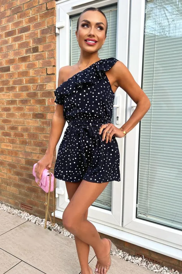 AX Paris Navy And White Polka Dot One Shoulder Playsuit Women Jumpsuits And Playsuits