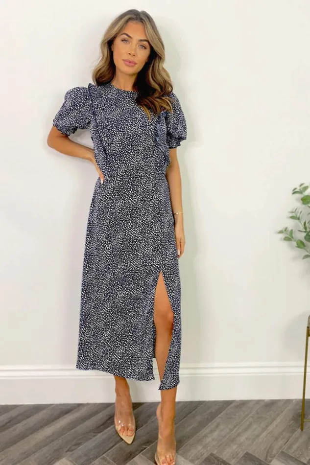 AX Paris Navy And White Printed Ruffle Front Midi Dress Women Dresses