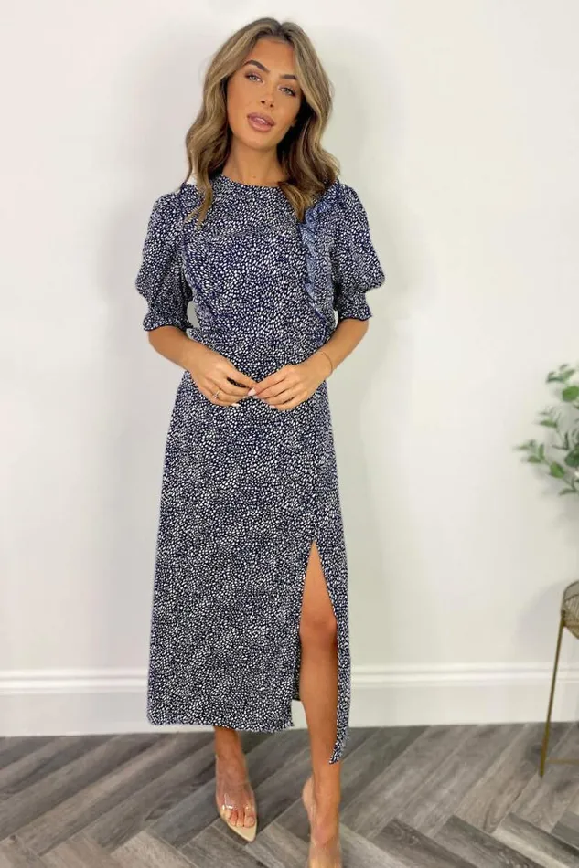 AX Paris Navy And White Printed Ruffle Front Midi Dress Women Dresses