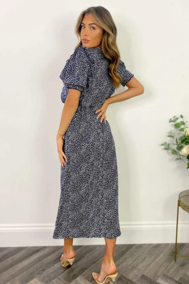 AX Paris Navy And White Printed Ruffle Front Midi Dress Women Dresses