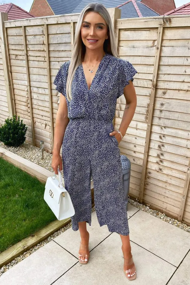 AX Paris Navy And White Printed Wrap Over Frill Sleeve Jumpsuit Women Jumpsuits And Playsuits AX Paris Navy And White Printed Wrap Over Frill Sleeve Jumpsuit Women Jumpsuits And Playsuits
