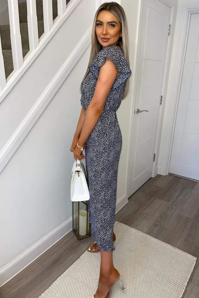 AX Paris Navy And White Printed Wrap Over Frill Sleeve Jumpsuit Women Jumpsuits And Playsuits