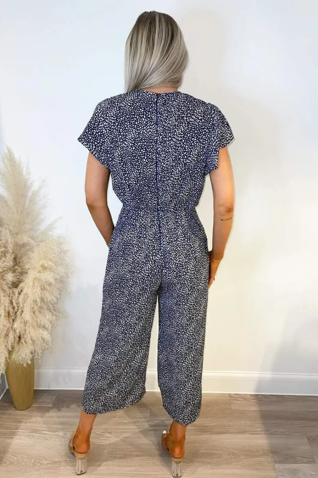 AX Paris Navy And White Printed Wrap Over Frill Sleeve Jumpsuit Women Jumpsuits And Playsuits