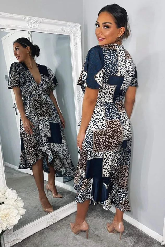 AX Paris Navy Animal Print Patchwork Wrap Midi Dress Women Dresses
