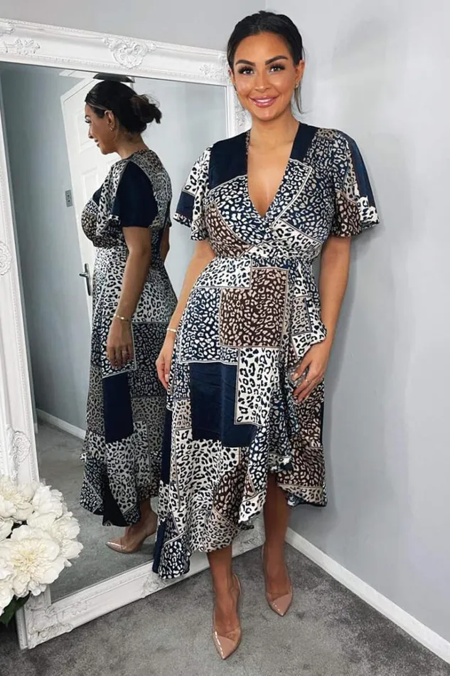 AX Paris Navy Animal Print Patchwork Wrap Midi Dress Women Dresses