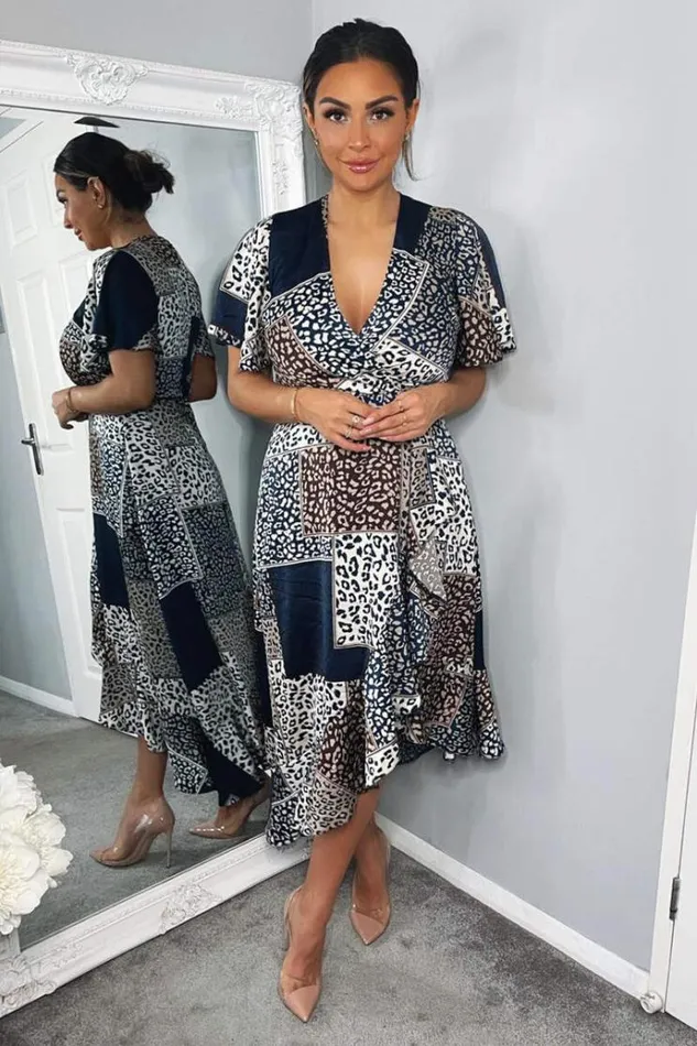 AX Paris Navy Animal Print Patchwork Wrap Midi Dress Women Dresses