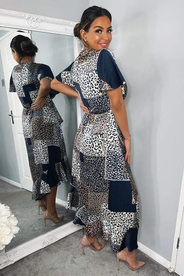 AX Paris Navy Animal Print Patchwork Wrap Midi Dress Women Dresses