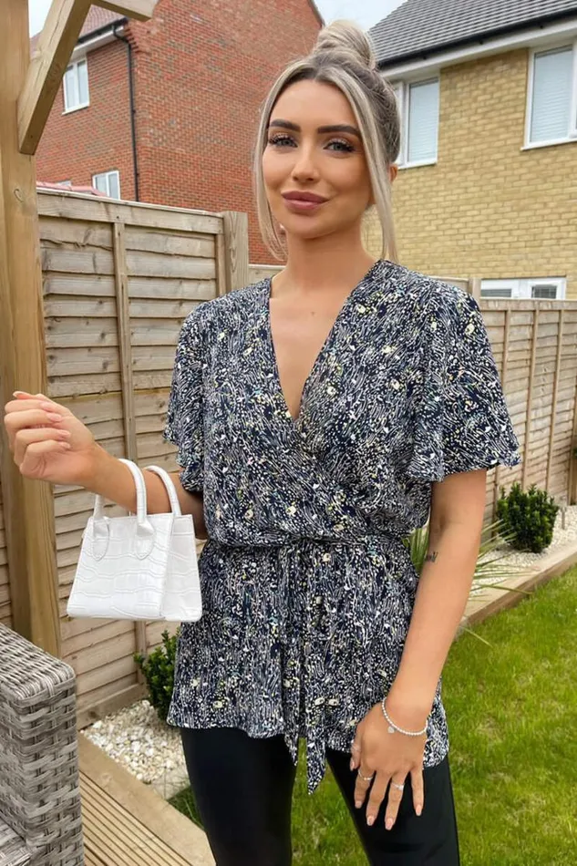 AX Paris Navy Ditsy Print Wrap Short Sleeve Belted Top Women Tops